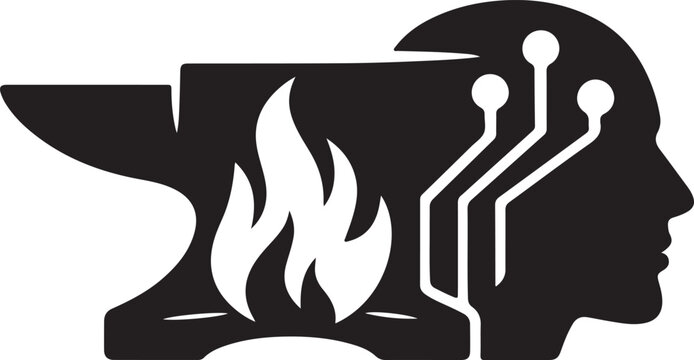 Anvil with fire and human profile with circuit lines for technology and craftsmanship.