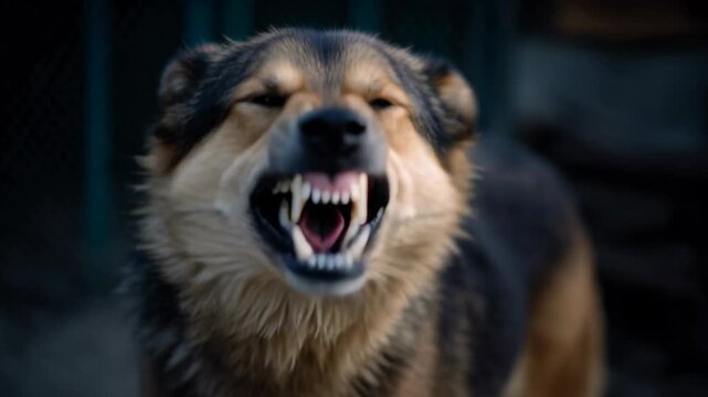 Angry dog snarling in yard, teeth bared, tense stance near rusted gate, gravel ground and urban backdrop, close up frames show open mouth and exposed canines,