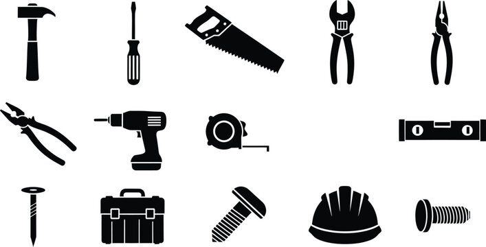 Set of black construction tools icons including hammer saw screwdriver and safety helmet
