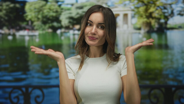 Young hispanic woman with bare hands holding palms up gesture in green park by building; uncertainty.