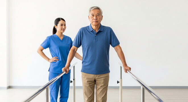 Elderly man undergoing physical therapy with a nurse assisting him to walk using parallel bars in a clinic