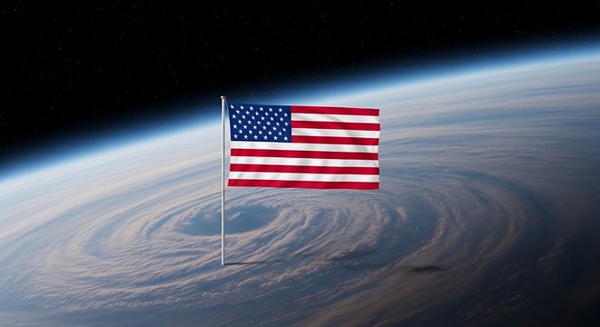 American flag over swirling hurricane from space