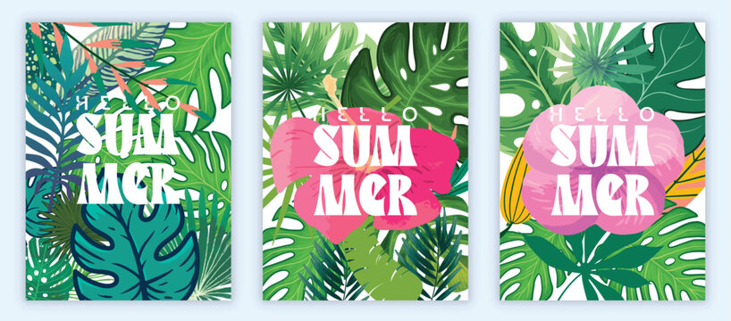 Tropical Summer Poster Collection: Minimalist Botanical Illustrations with Monstera Leaves and Hibiscus Flowers