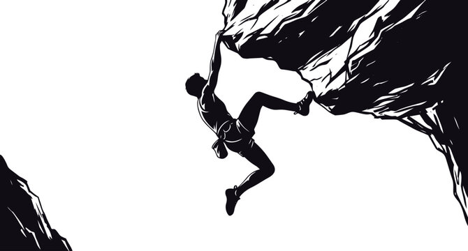 Man climbing a rocky cliff face in black silhouette.