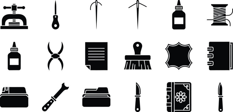 Set of black leather craft tools icons including needles glue and bookbinding supplies