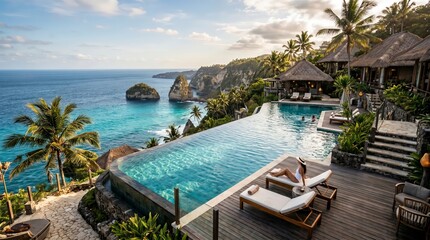 Fototapeta premium A stunning tropical resort swimming pool overlooks a crystal-clear ocean bay where white sand beaches and palm trees create a perfect summer vacation paradise