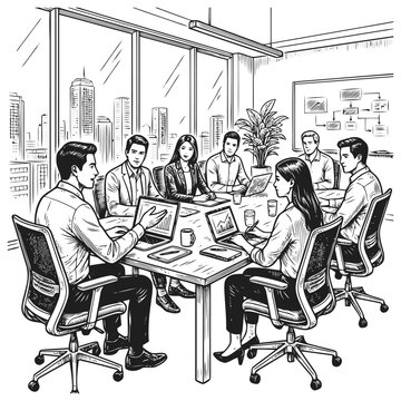 Business team meeting in modern office with city view discussing s162