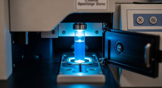 Laboratory cuvette with glowing blue sample in spectrophotometer