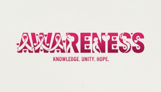 AWARENESS large pink text featuring integrated ribbons and female figures for cancer knowledge and unity campaign.