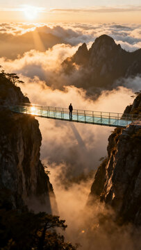 Person standing on glass bridge between steep mountain cliffs above sea of clouds at golden sunrise with radiant sunlight