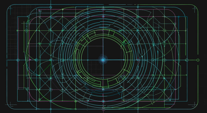 Geometric pattern with intersecting lines and circles on a black background.