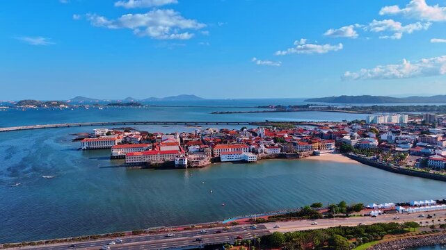 Distancing from the historic district Casco Viejo in Panama City, the Republic of Panama. UNESCO world heritage site from drone.