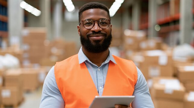 Warehouse Supervisor Portrait: A confident warehouse supervisor stands amidst stacks of inventory, holding a tablet and overseeing operations. The image exudes a sense of order, competence.