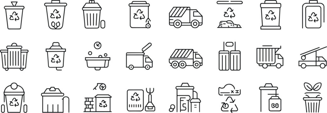 Collection of line art icons representing waste management and recycling services trash can recycling bin