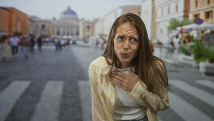 Fototapeta premium Young hispanic woman clutching chest with hand on busy city street crosswalk, pleading expression suggesting heartattack; concern pain.