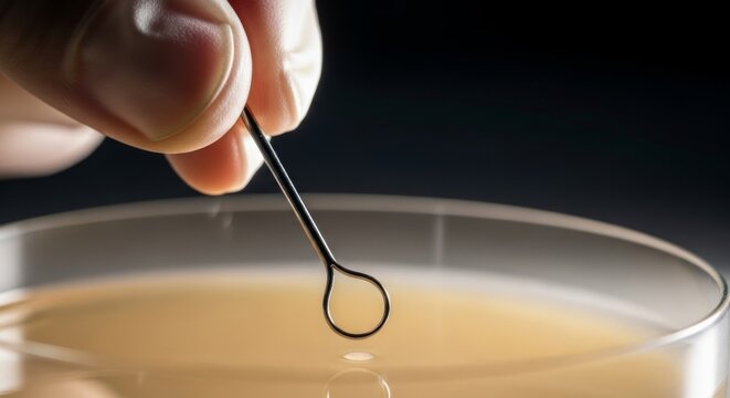 Hand Holding Sterile Inoculation Loop Over Culture Dish