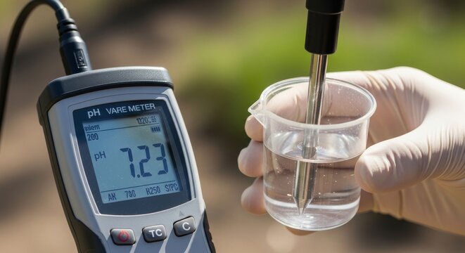 Hand holds electrode in liquid next to portable pH meter