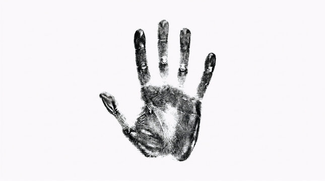 A black hand print is shown on a white surface with five fingers