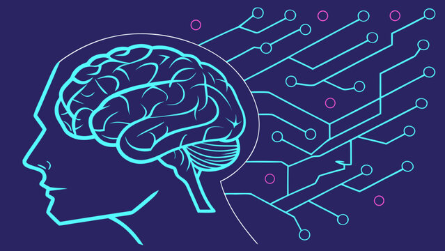 Brain profile connects to digital circuit patterns representing artificial intelligence networks.
