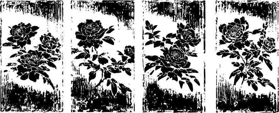 Set of four traditional asian floral woodblock prints with rose blossoms and leaves in black and white