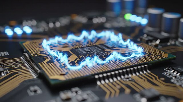 Computer processor on circuit board with glowing blue light