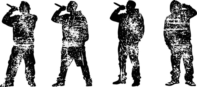 grunge male hip hop rappers silhouette set performing with microphone and casual streetwear