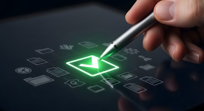 Hand using stylus to check a digital box on tablet screen with icons, various other
