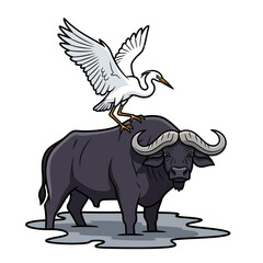 Fototapeta premium Cartoon African Buffalo with Egret, Wildlife Illustration, Safari Animal