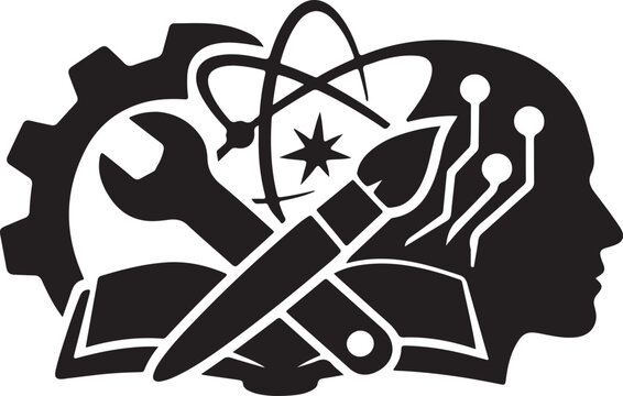 Complex educational icon with human profile book gear wrench paintbrush and science atom.