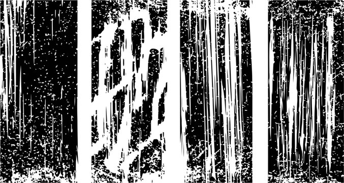 Set of four black and white distressed wood textures with vertical grain patterns and rough worn surfaces