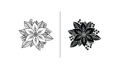 Poinsettia flower and berry vector illustration set featuring festive floral design in line art and solid black silhouette styles for Christmas holiday branding or winter season decor © Maya