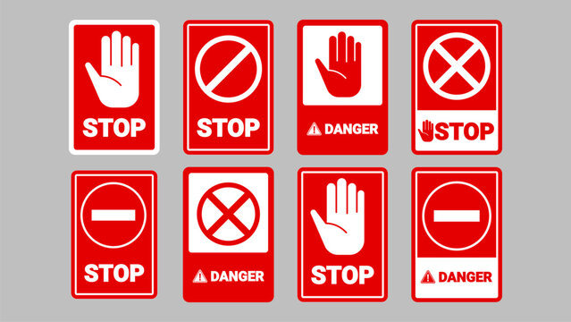 Stop Sign Sticker Vector Collection with Danger Warning Symbols and Prohibition Labels for Safety Signage Design