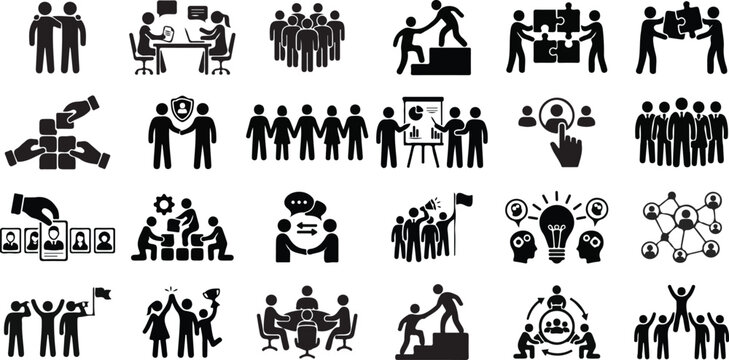 Teamwork icon set. Business related line icons meeting, cooperation, support, collaboration, partnership, society, workshop, work group, human resource and more. Editable stroke. Vector illustration.