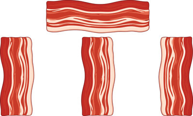 Five-piece bacon strips vector set. Hand-drawn raw and crispy pork slices in upright and horizontal positions. Perfect culinary illustrations for breakfast, cooking, and food projects. © KOSAKA