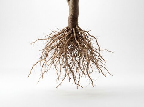 Tree roots system isolated on white background botanical study