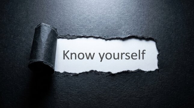 Know yourself text revealed under torn black paper