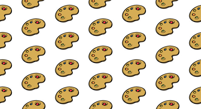 Playful seamless pattern featuring cartoon artist paint palettes on a light background. Ideal for creative projects, stationery, textiles, wrapping paper, and art-themed designs. Vector art