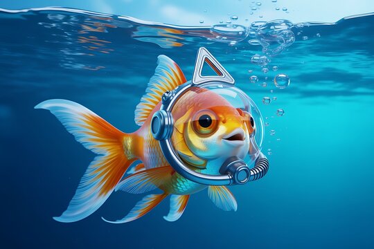 Goldfish wearing diving helmet underwater