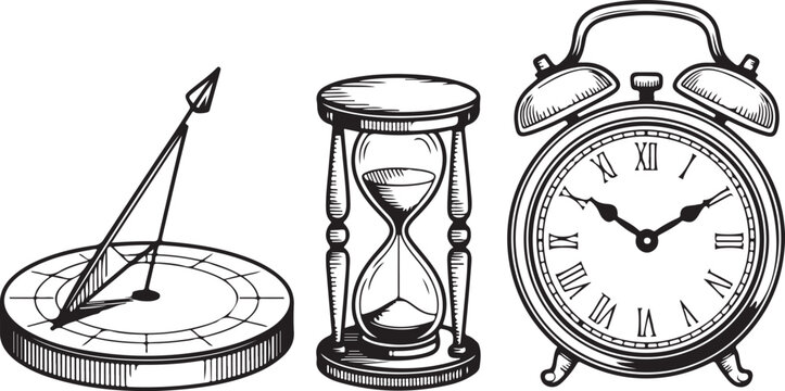 Vintage clock collection featuring sun dial hourglass and analog alarm isolated on transparent background for historical projects.