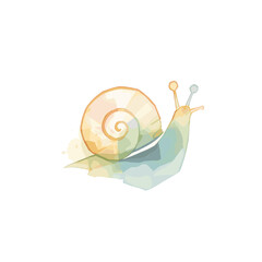 Watercolor illustration of a snail with a spiral shell in soft pastel colors, featuring a blend of yellow, orange, green, and blue hues on a white background. © Ivy