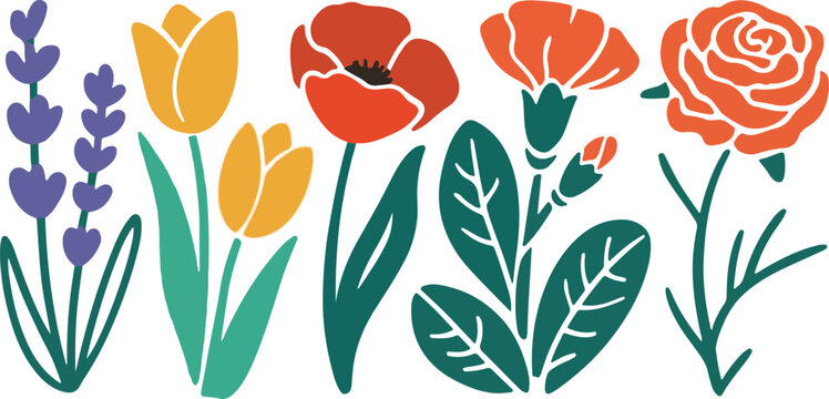 Colorful floral stickers set featuring lavender tulip poppy carnation and rose silhouettes for decorative scrapbooking projects.
