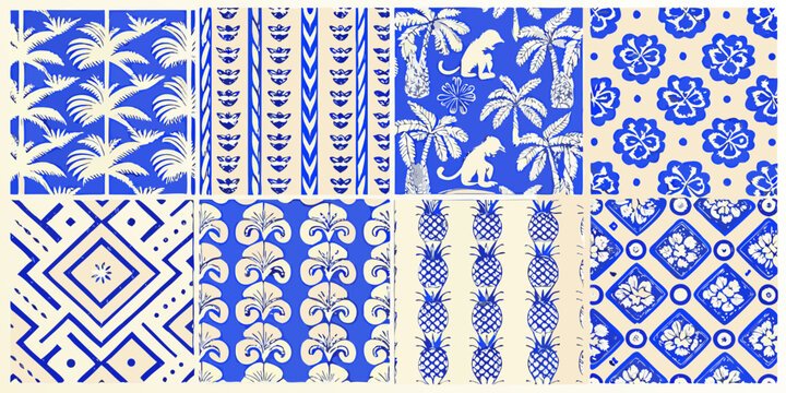 tropical pattern with palm trees elephants and pineapples blue and white