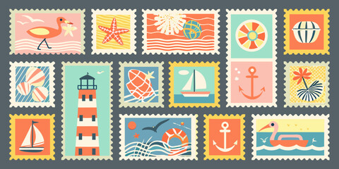 Fototapeta premium retro style postage stamps featuring beach and nautical themes
