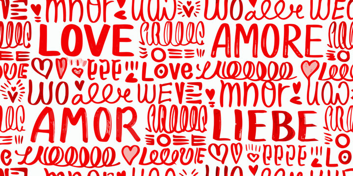 Seamless pattern featuring the words love and amore in red lettering