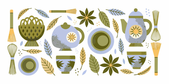Matcha tea set and botanicals illustrated pattern on white background