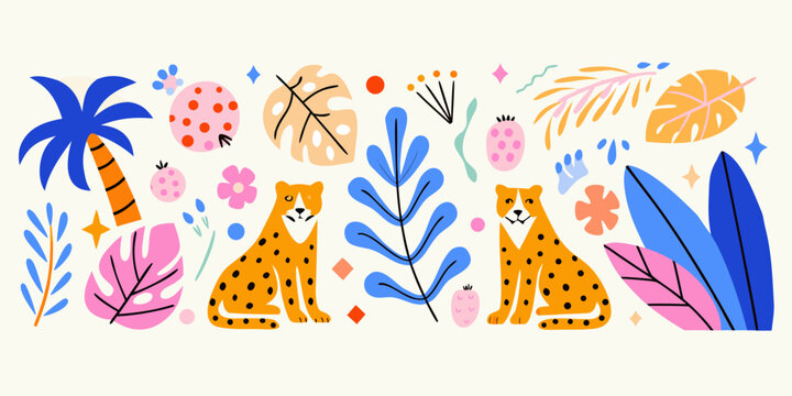 Tropical illustration with leopards and palm leaves colorful vector design