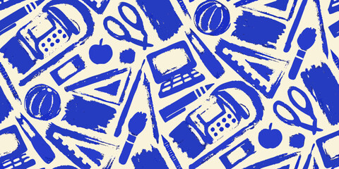 abstract pattern with school supplies and objects blue and white © Nripen