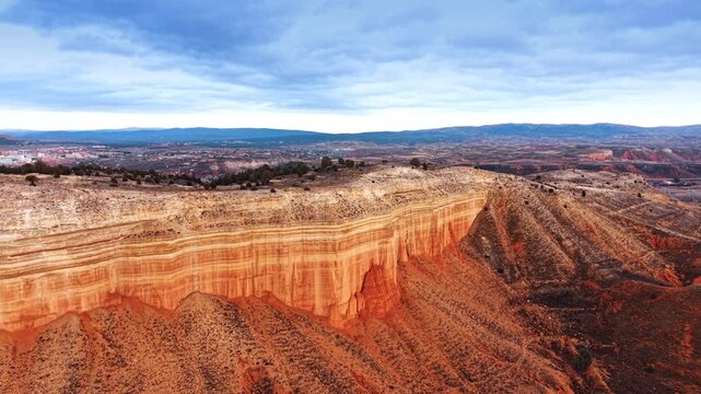 Striking sedimentary cliffs and spires in the rock formations. Scenery of famous touristic attractions nearby Teruel, Spain.