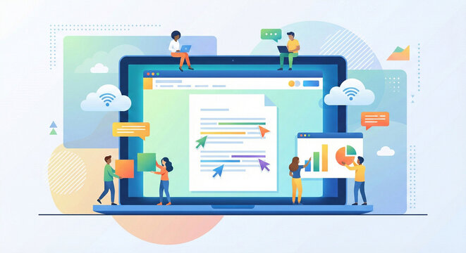 Diverse team collaborating on a large laptop screen to edit documents and analyze charts for remote work productivity.
