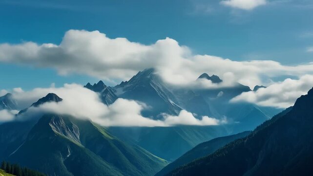 Breathtaking mountain range emerging from a sea of soft white clouds under a vibrant blue sky, showcasing the majestic beauty of untouched alpine landscapes